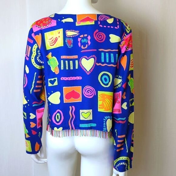 Bright Colorful Blouse Blue Print Beaded Hemline Size Medium - Picture 5 of 7